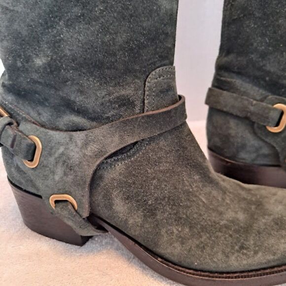 Ralph Lauren Collection Harness Boots Italy Green Suede 1.5" Cowgirl Heel Buckle - Picture 3 of 15